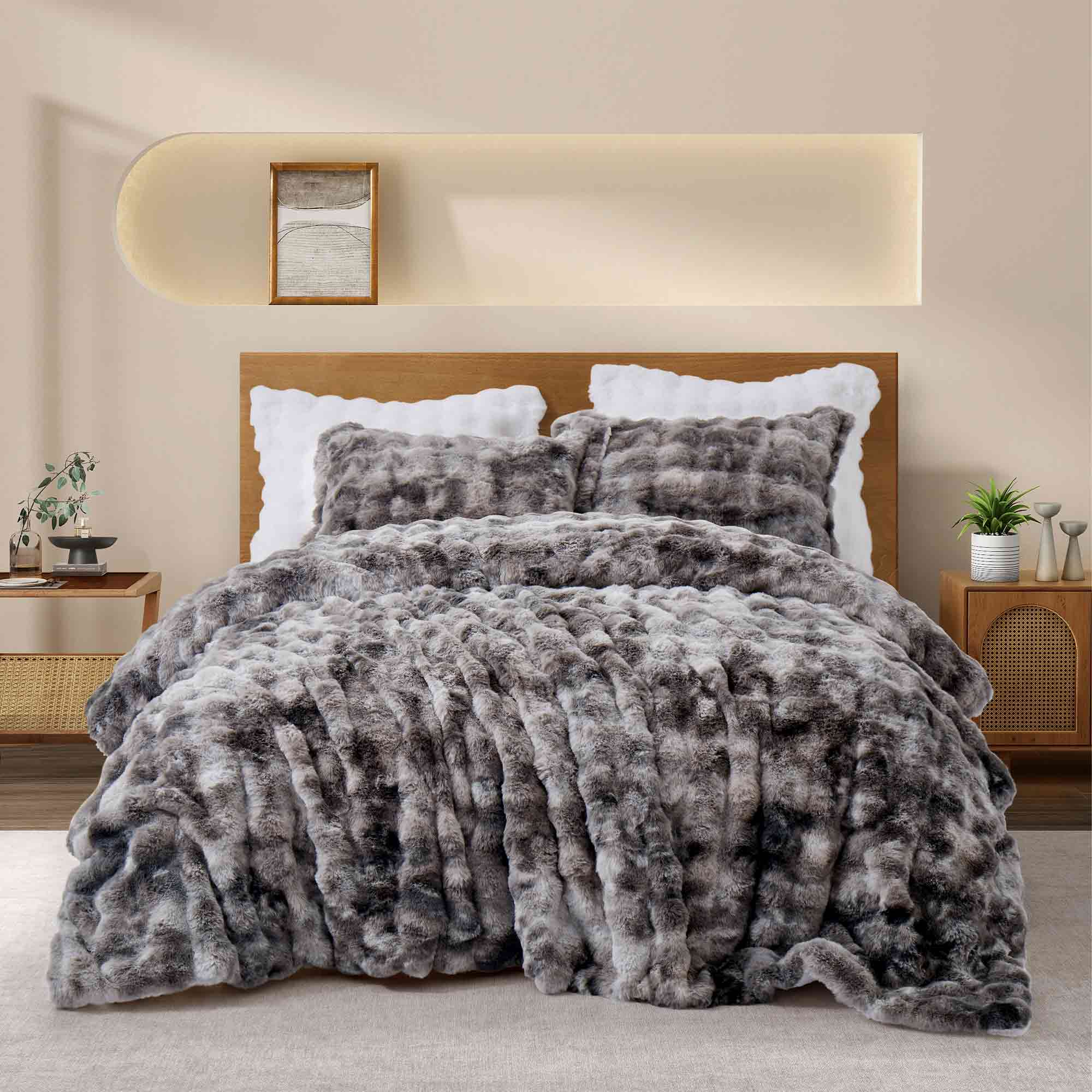 Dark Grey faux rabbit fur comforter set with sherpa backing and matching pillow shams, combining modern style with cozy comfort.