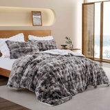 Dark Grey faux rabbit fur comforter set with sherpa backing and matching pillow shams, combining modern style with cozy comfort.