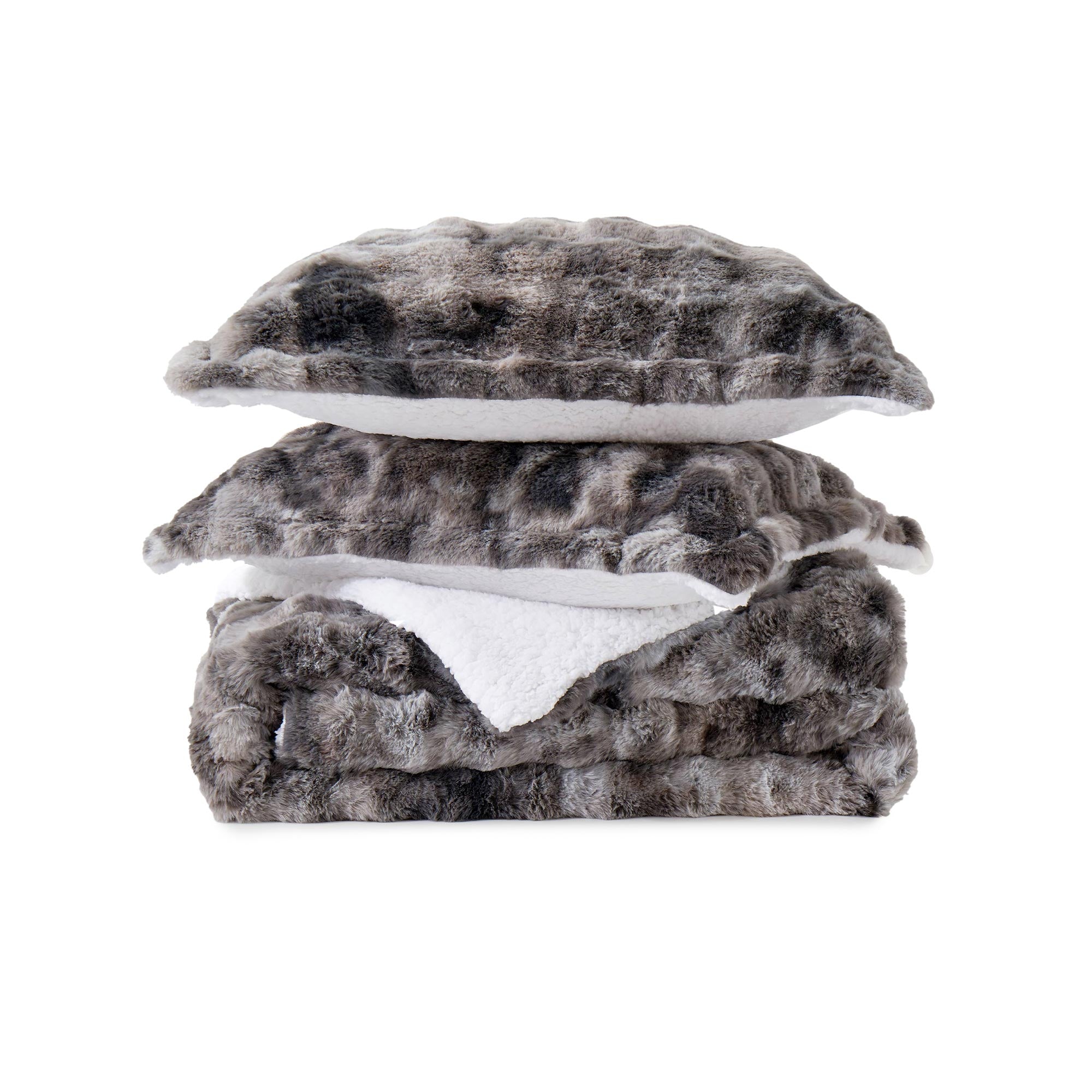 Dark Grey faux rabbit fur comforter set with sherpa backing and matching pillow shams, combining modern style with cozy comfort.