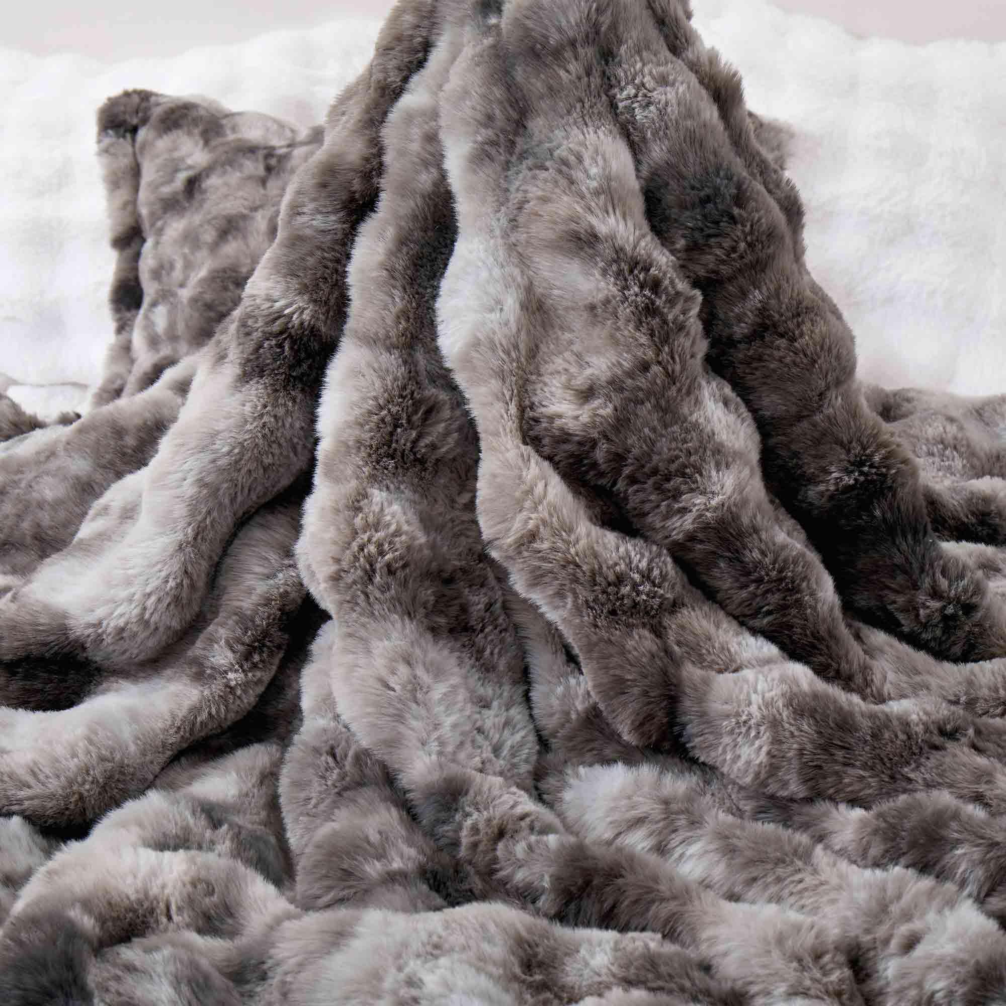 Dark Grey faux rabbit fur comforter set with sherpa backing and matching pillow shams, combining modern style with cozy comfort.