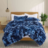 Navy faux rabbit fur comforter set featuring a reversible sherpa lining and pillow shams, adding a bold yet inviting touch to the bedroom.