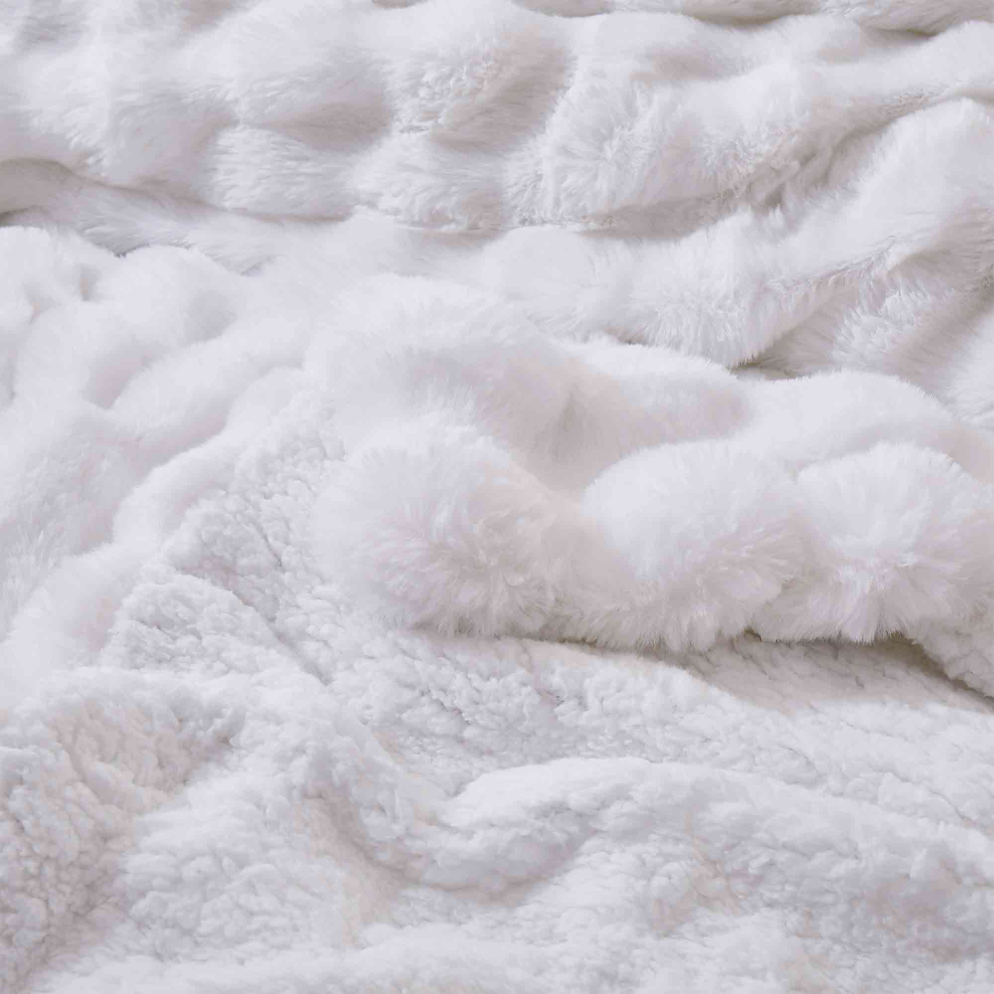 White faux rabbit fur comforter set with sherpa reverse and zip-closure pillow shams, creating a clean, timeless, and luxurious atmosphere.