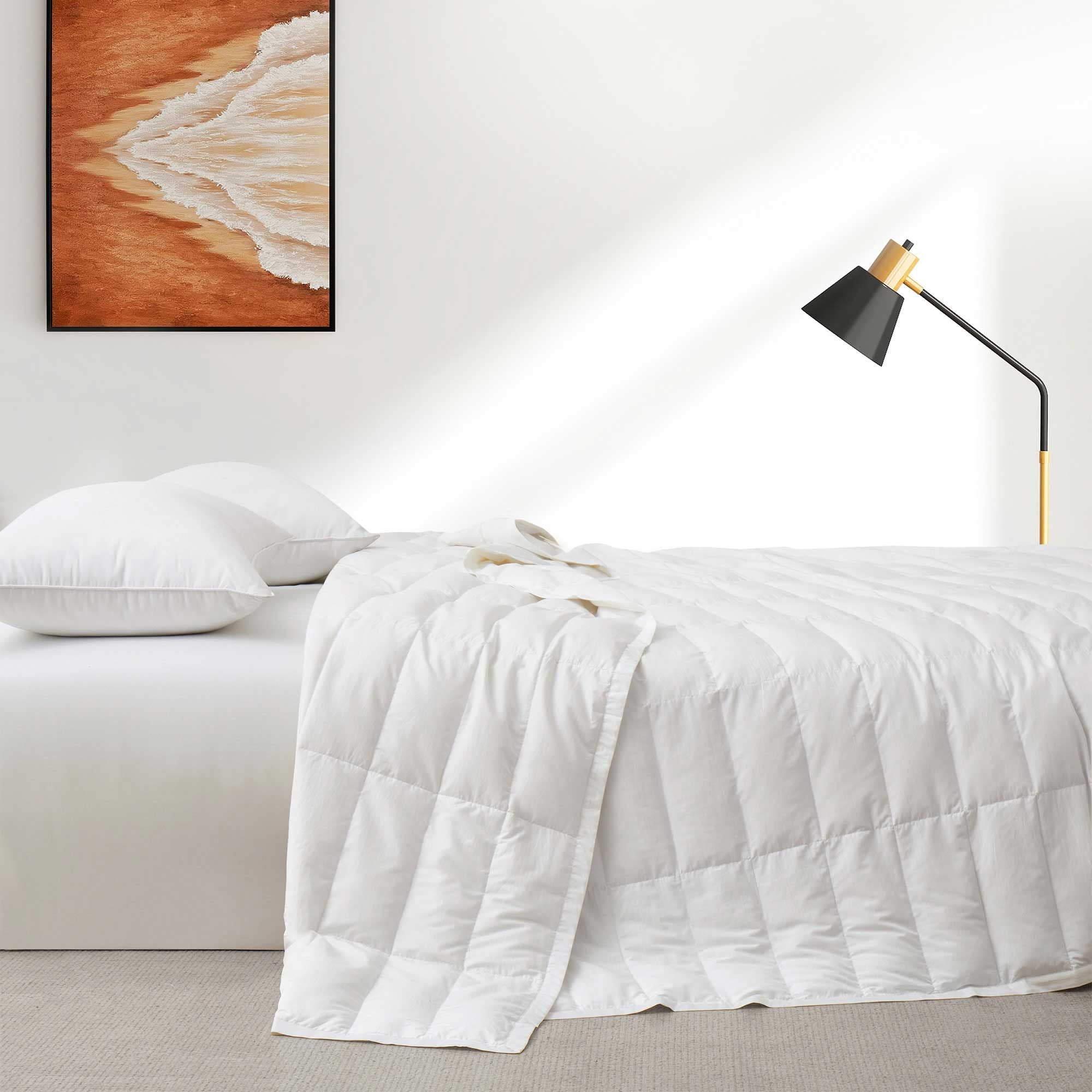 This down blanket is covered in pristine hues of white. Enjoy the coolest sleep every night with these white down blankets.