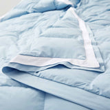 The feather down comforter blanket is enveloped in the airy tones of sky blue with a contrasting white trim. Enhance your bedding with the beauty of the skies with this summer season comforter in sky blue.