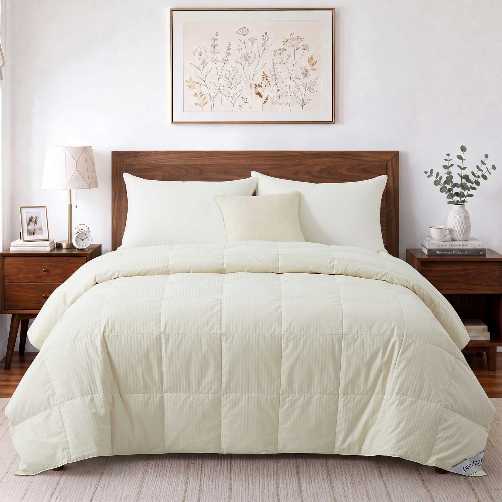 A neatly made bed featuring the Woven Stripe Down Blanket in cream, complemented by a wooden headboard, side tables, lamps, and botanical wall art above.