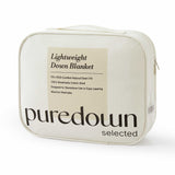 Beige bag labeled Woven Stripe Down Blanket with product details and puredown selected branding.