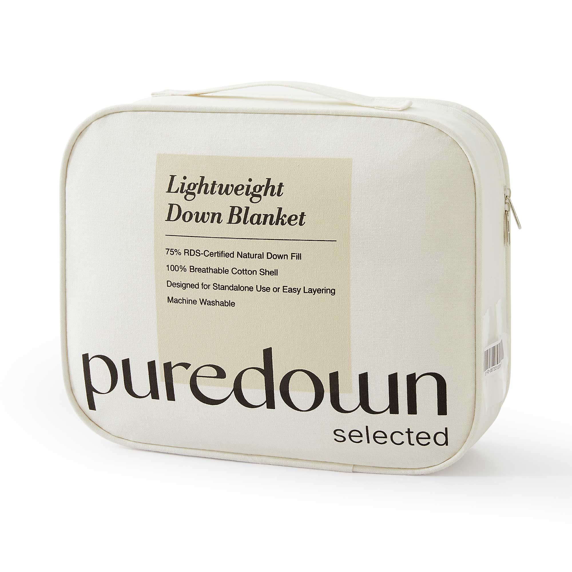 Beige bag labeled Woven Stripe Down Blanket with product details and puredown selected branding.