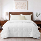 A neatly made bed featuring the Woven Stripe Down Blanket in white, complemented by two pillows and nightstands on each side in a modern bedroom.