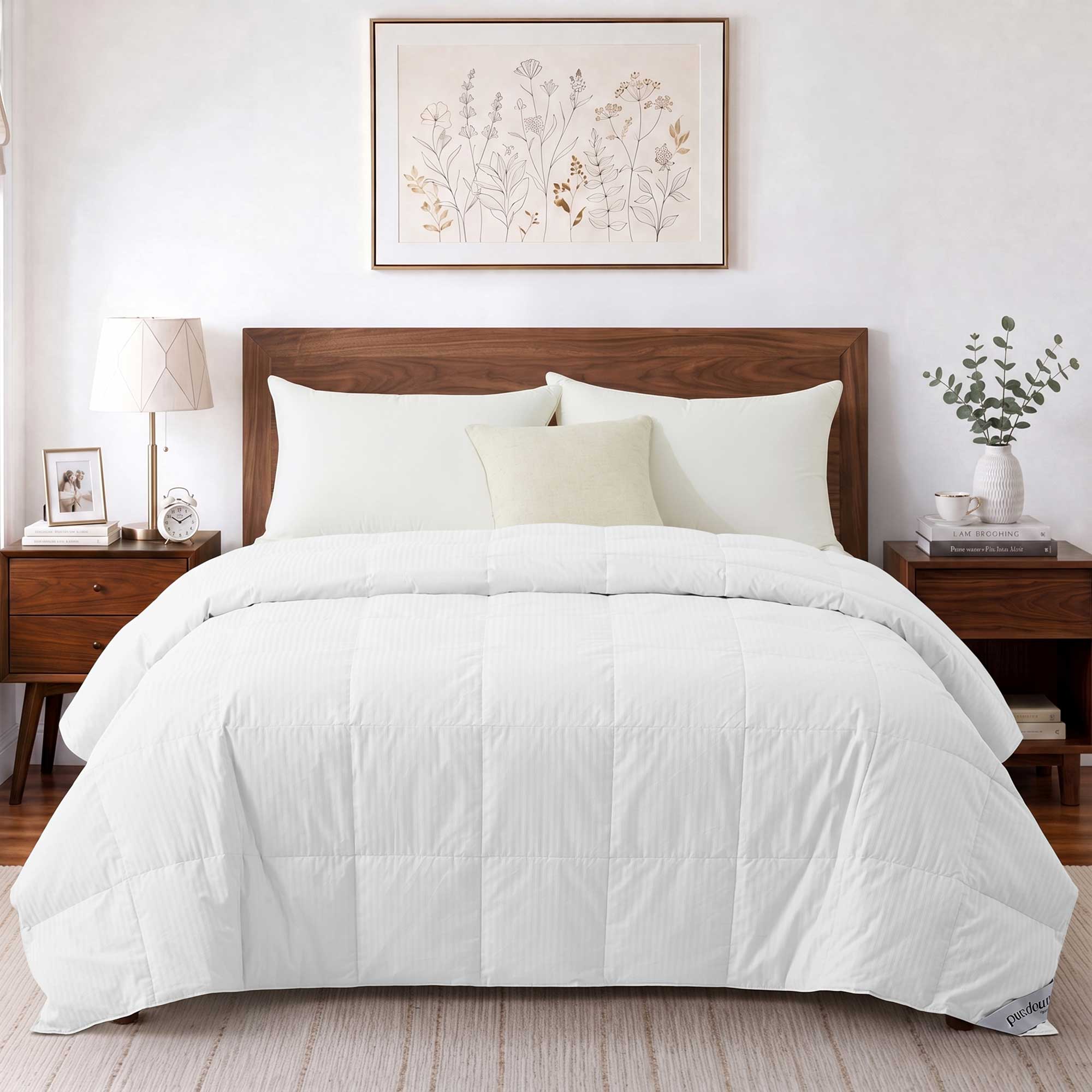 A neatly made bed featuring the Woven Stripe Down Blanket in white, complemented by two pillows and nightstands on each side in a modern bedroom.