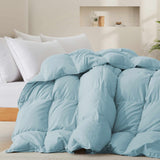 The down comforter with feathers is enveloped in the pristine shades of Sky Blue. Enjoy a cloud-like experience for a cozy sleep with this superior quality down feather comforter with duvet ties.