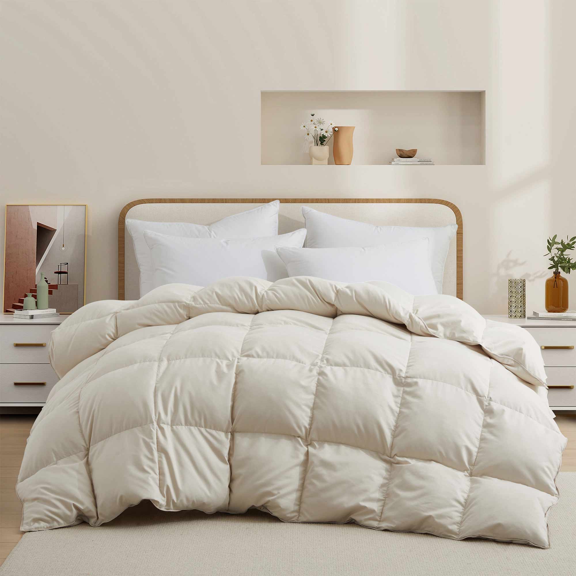 The feather goose down comforters are covered in the subtle touch of cream hues. Bring lavish comfort to your personal space with these feather goose down comforters.
