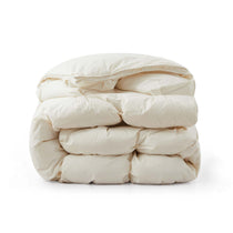The down goose feather comforter is brushed in the pearly tones of off-white. Bring sophisticated elegance to your bedroom decor with this off-white bed comforter.