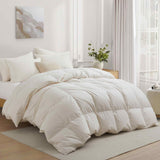 Crafted with a 100% organic cotton shell and filled with 90% natural white down, this comforter offers superior warmth and breathability. Its 800 fill power ensures a lightweight yet insulating sleep experience. Designed for year-round comfort, it features baffle box construction to maintain even fill distribution. Available in all-season and extra warm options, this comforter combines eco-friendly materials with luxurious softness for a restful night's sleep.
