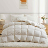 Crafted with a 100% organic cotton shell and filled with 90% natural white down, this comforter offers superior warmth and breathability. Its 800 fill power ensures a lightweight yet insulating sleep experience. Designed for year-round comfort, it features baffle box construction to maintain even fill distribution. Available in all-season and extra warm options, this comforter combines eco-friendly materials with luxurious softness for a restful night's sleep.