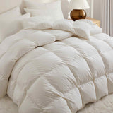 Crafted with a 100% organic cotton shell and filled with 90% natural white down, this comforter offers superior warmth and breathability. Its 800 fill power ensures a lightweight yet insulating sleep experience. Designed for year-round comfort, it features baffle box construction to maintain even fill distribution. Available in all-season and extra warm options, this comforter combines eco-friendly materials with luxurious softness for a restful night's sleep.