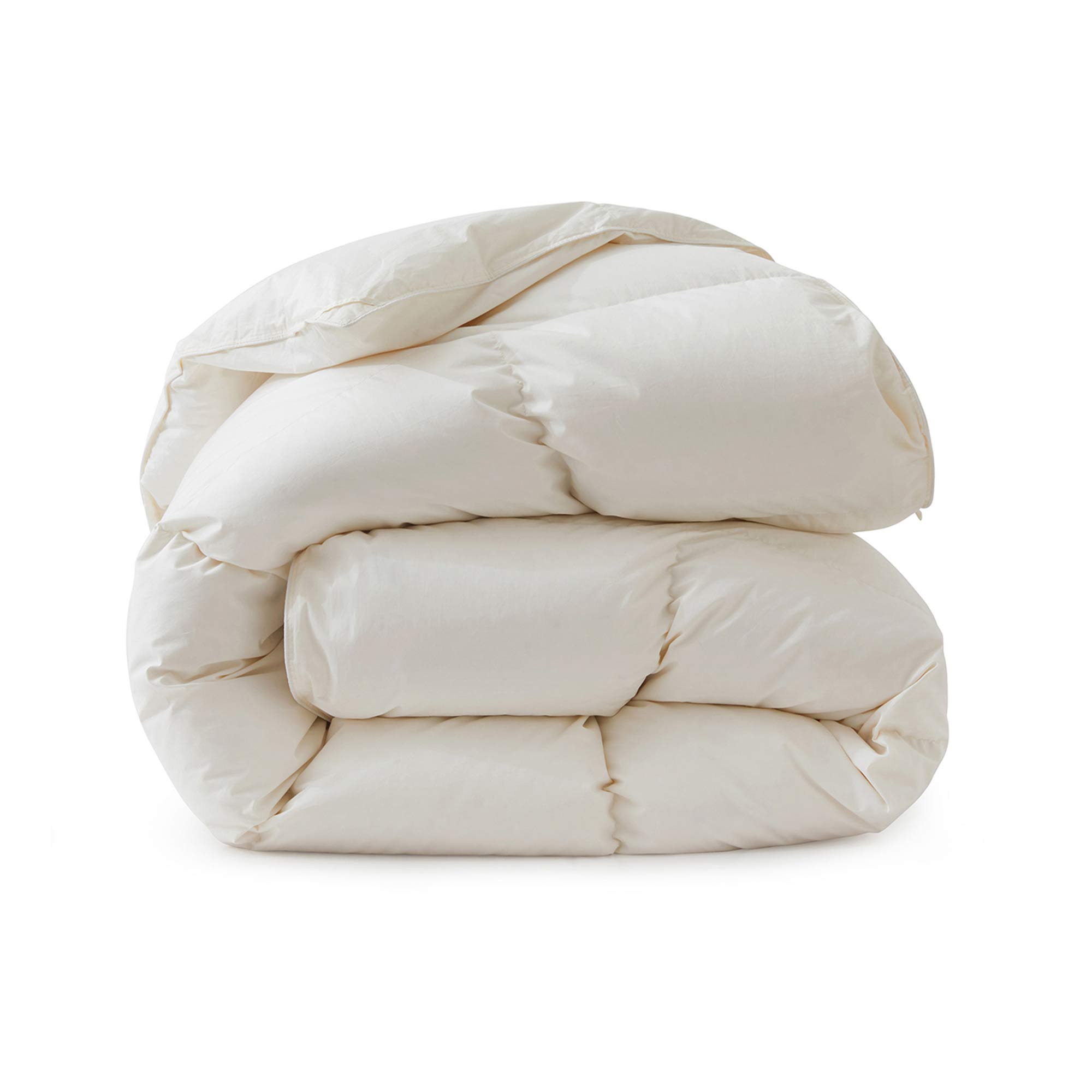 Crafted with a 100% organic cotton shell and filled with 90% natural white down, this comforter offers superior warmth and breathability. Its 800 fill power ensures a lightweight yet insulating sleep experience. Designed for year-round comfort, it features baffle box construction to maintain even fill distribution. Available in all-season and extra warm options, this comforter combines eco-friendly materials with luxurious softness for a restful night's sleep.