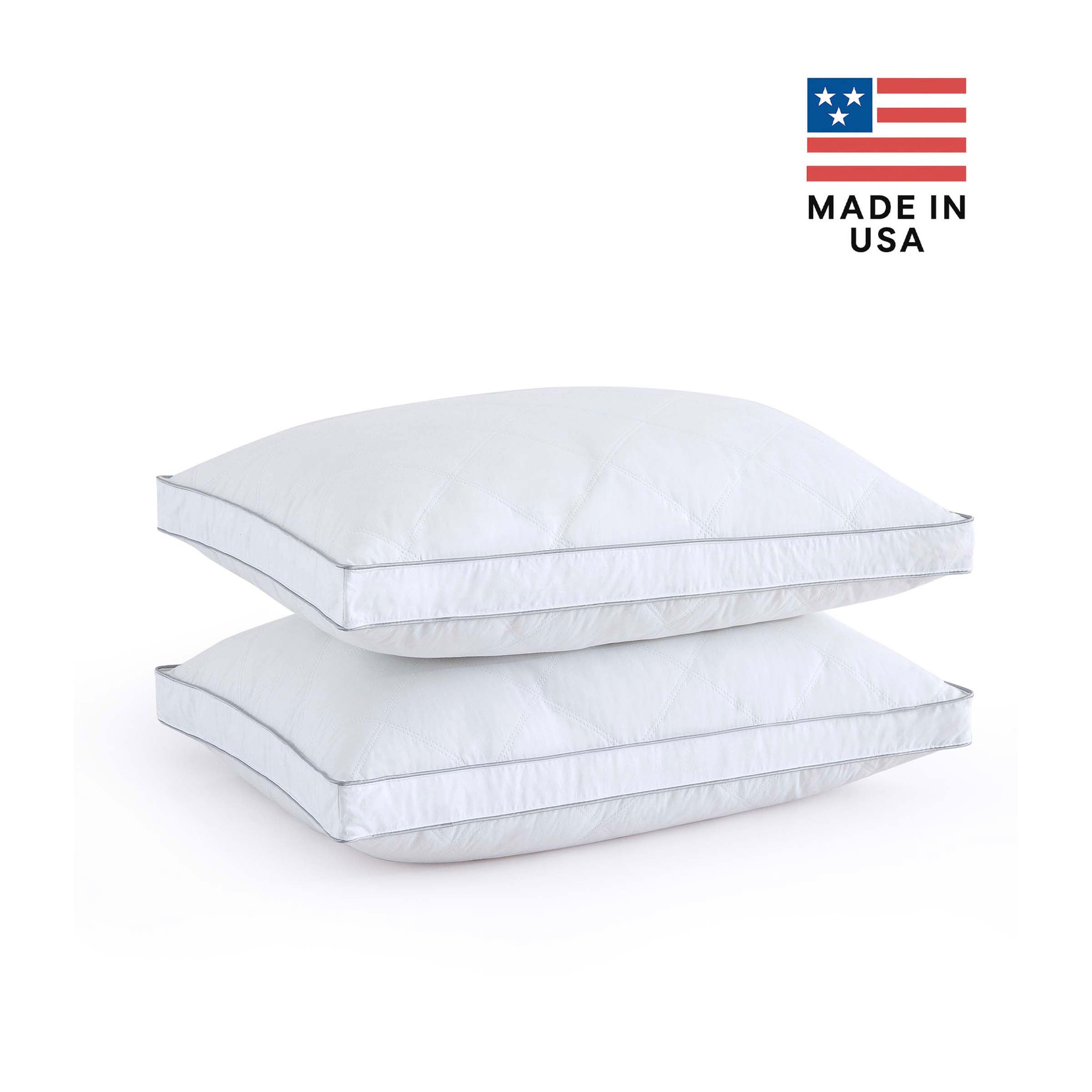 2-pack gusseted goose down feather pillows with sidewall design for added loft and support, featuring natural fill and 100% cotton cover.