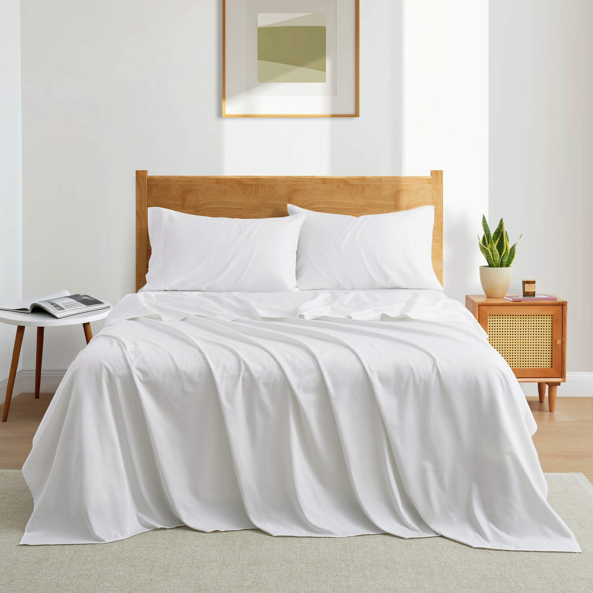 The luxurious textile or natural cotton sheets are brushed in the crisp hues of white. Bring the comfort level and warmth of nature to your space with this organic fiber sheet with pillowcase set in white.