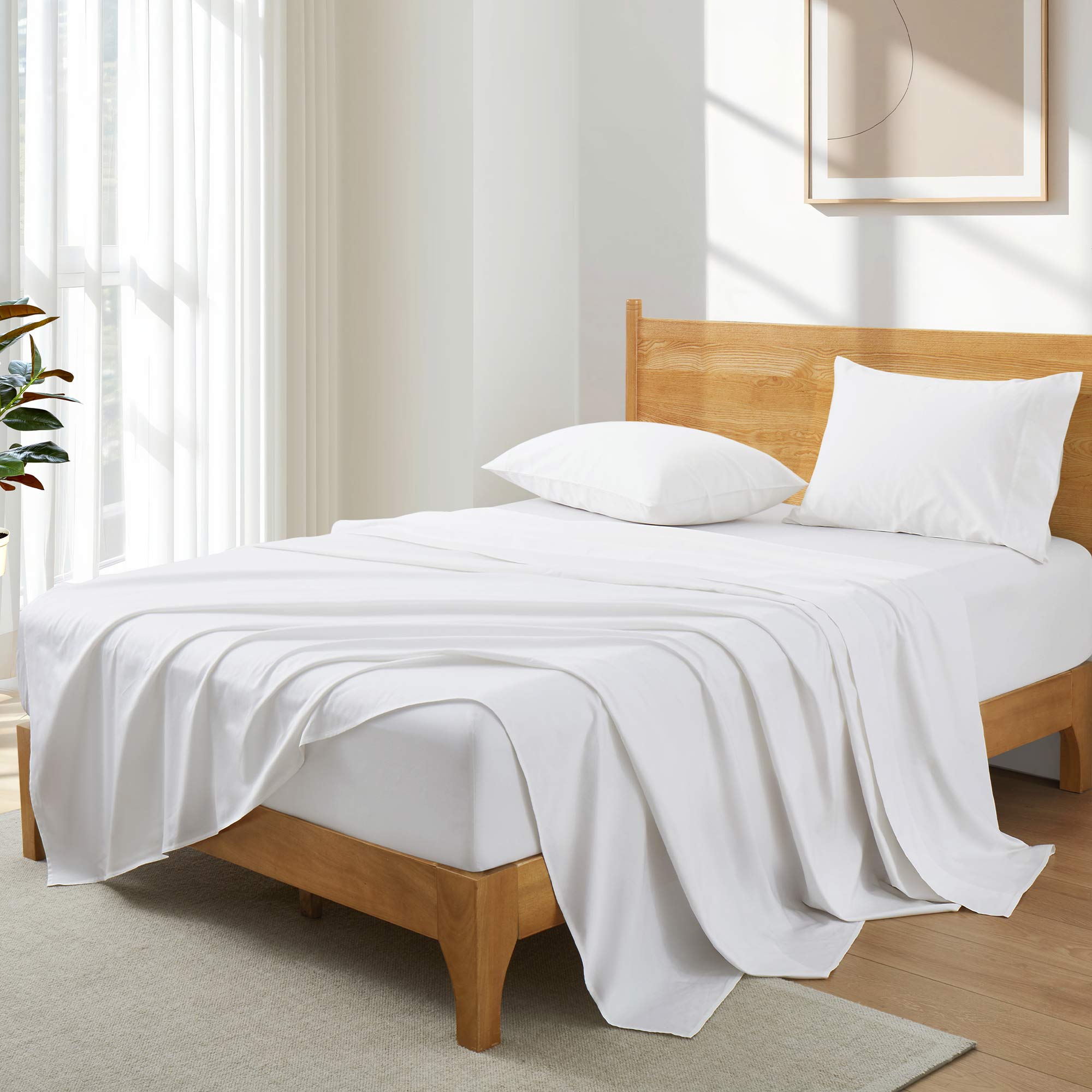 The luxurious textile or natural cotton sheets are brushed in the crisp hues of white. Bring the comfort level and warmth of nature to your space with this organic fiber sheet with pillowcase set in white.