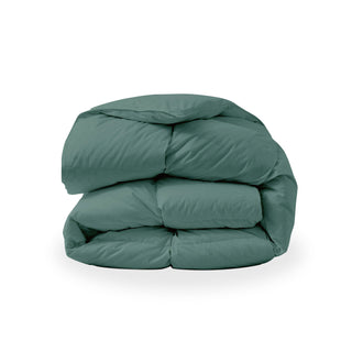 The feather down comforter is brushed in medium tones of forest green. Add a natural element to your bedroom style with this green color medium weight comforter.