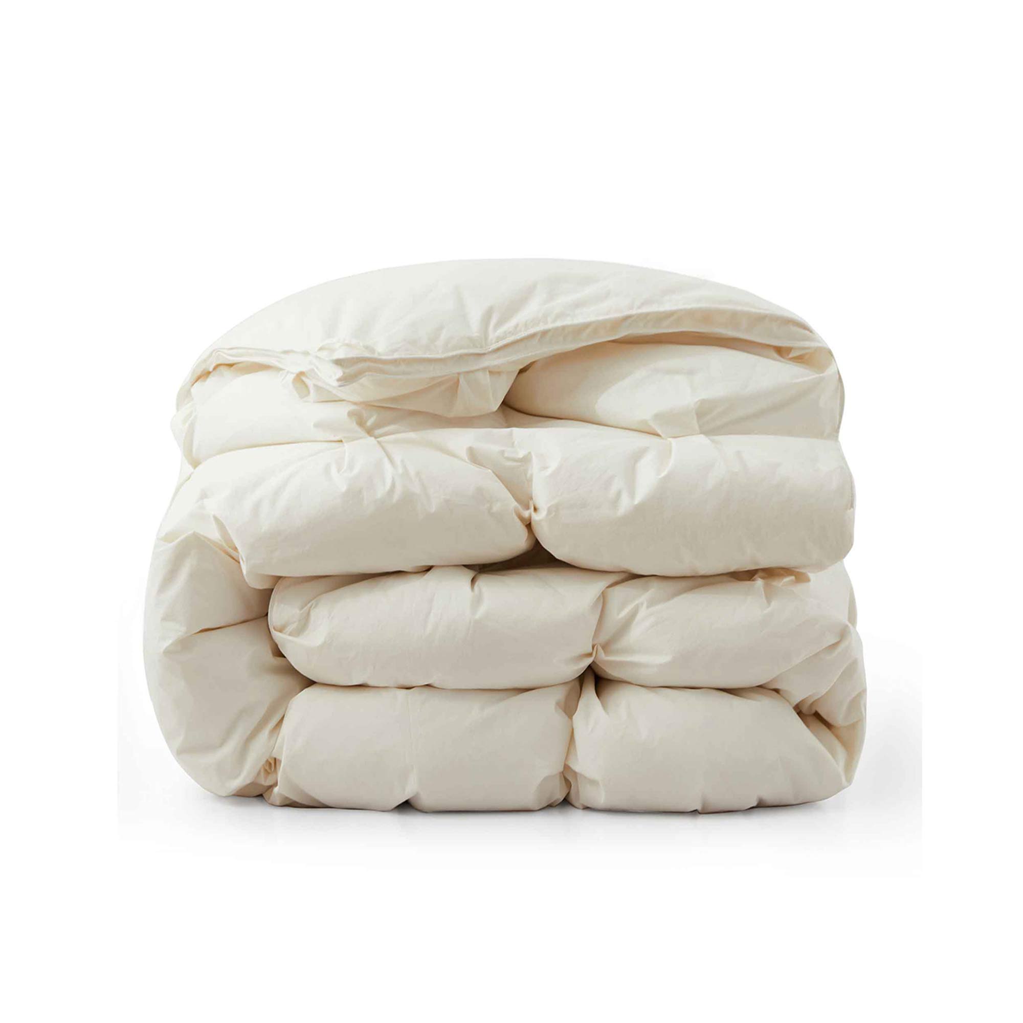 The down goose feather comforter is brushed in the pearly tones of off-white. Bring sophisticated elegance to your bedroom decor with this off-white bed comforter.