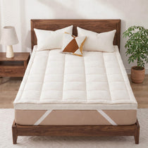 Organic Cotton Goose Feather Mattress Topper on Walnut Wood Bed with Elastic Straps