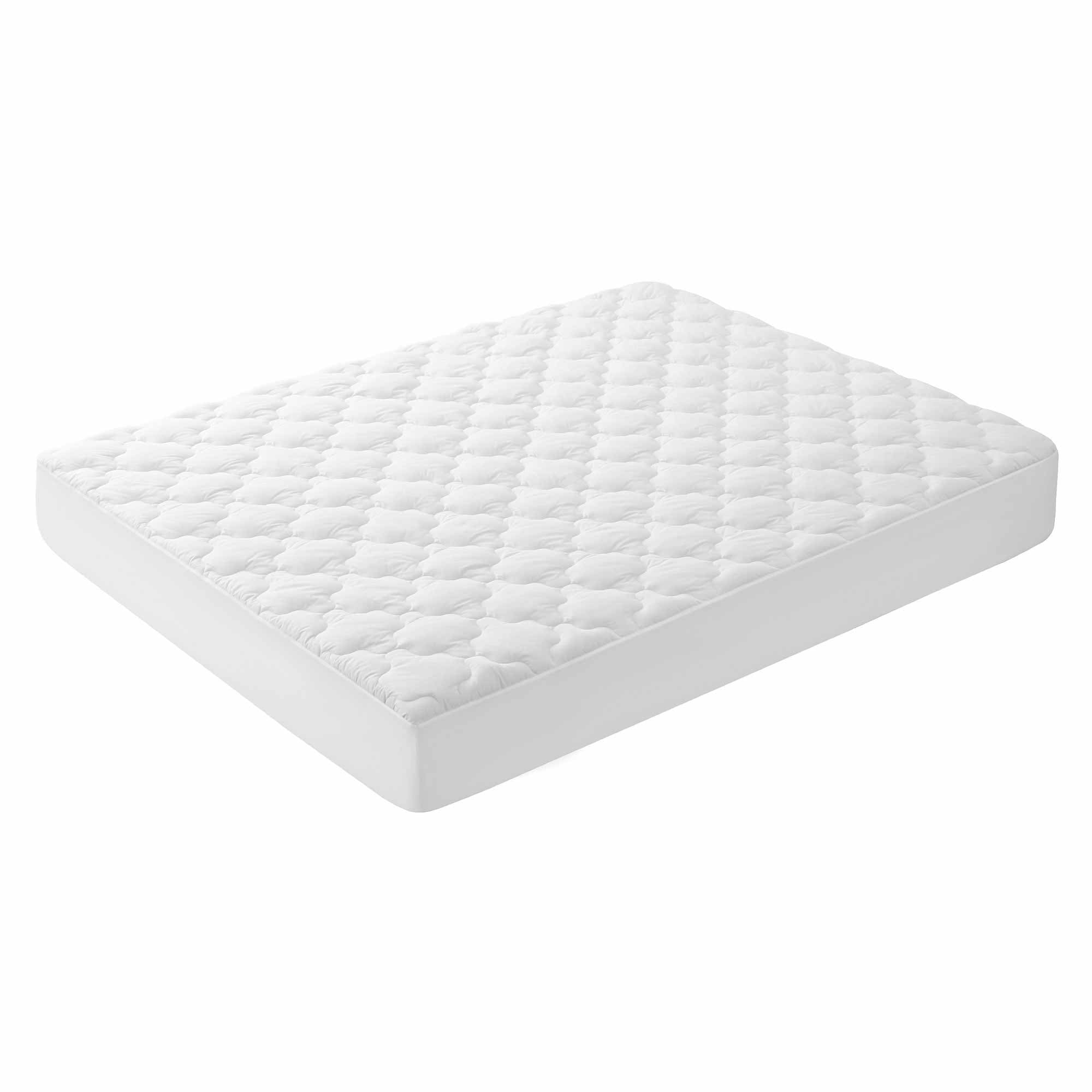 The Organic Cotton Waterproof Mattress Pad features a plain white quilted design with a diamond pattern, shown on a white background.