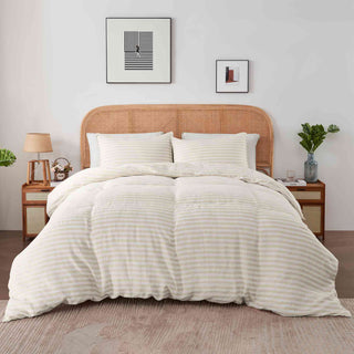 Your favorite duvet cover set is covered in complementary white and beige stripes. Bring a touch of natural elegance to your bedroom with our duvet cover set in soothing beige stripes.