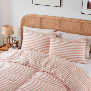 This 3 piece linen bedding is brushed in the vibrant hues of coral and white stripe design. Sleep in style and wake up feeling refreshed with this linen duvet cover set.