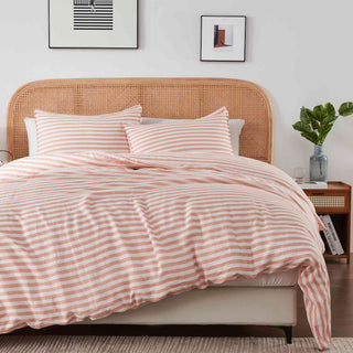 This 3 piece linen bedding is brushed in the vibrant hues of coral and white stripe design. Sleep in style and wake up feeling refreshed with this linen duvet cover set.