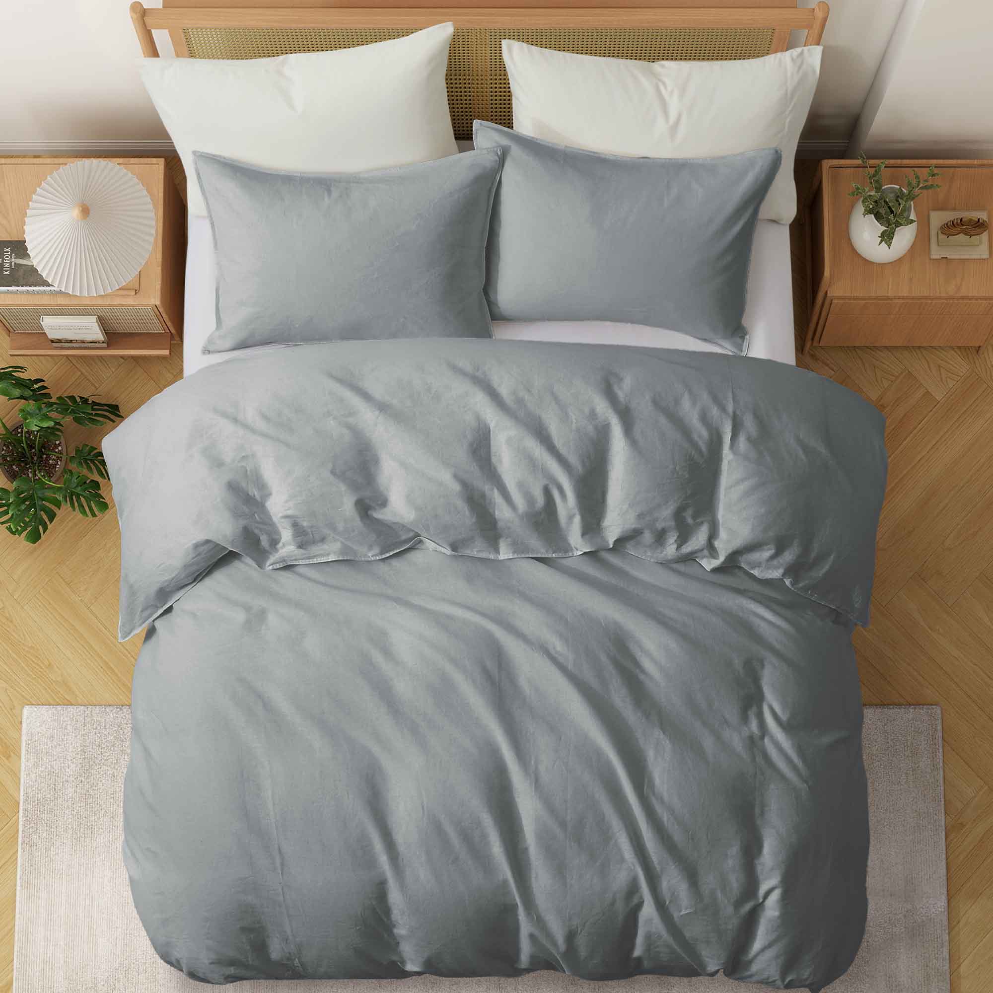 Add a touch of modern elegance with the Gray Linen Cotton Blend Duvet Cover Set. The soft, neutral gray complements any style while offering a calm and cozy atmosphere. Crafted from a breathable linen-cotton blend, this set ensures optimal airflow and comfort for hot sleepers and warm climates.