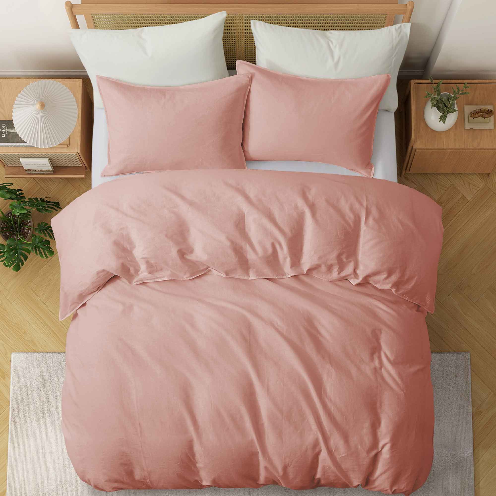 Soft rose taupe linen-cotton duvet cover and pillowcases in muted pink-beige.