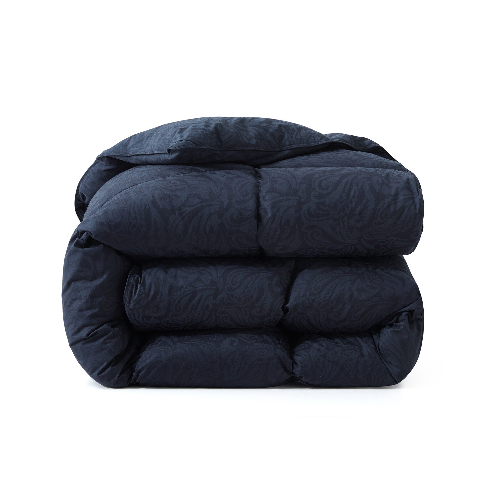 The comforter covers for down comforter are bedecked with intricate and timeless Paisley patterns in black. The premium goose feather comforter, in its sophisticated Paisley Black details, adds a level of sophisticated class to any room for a peaceful sleep experience.