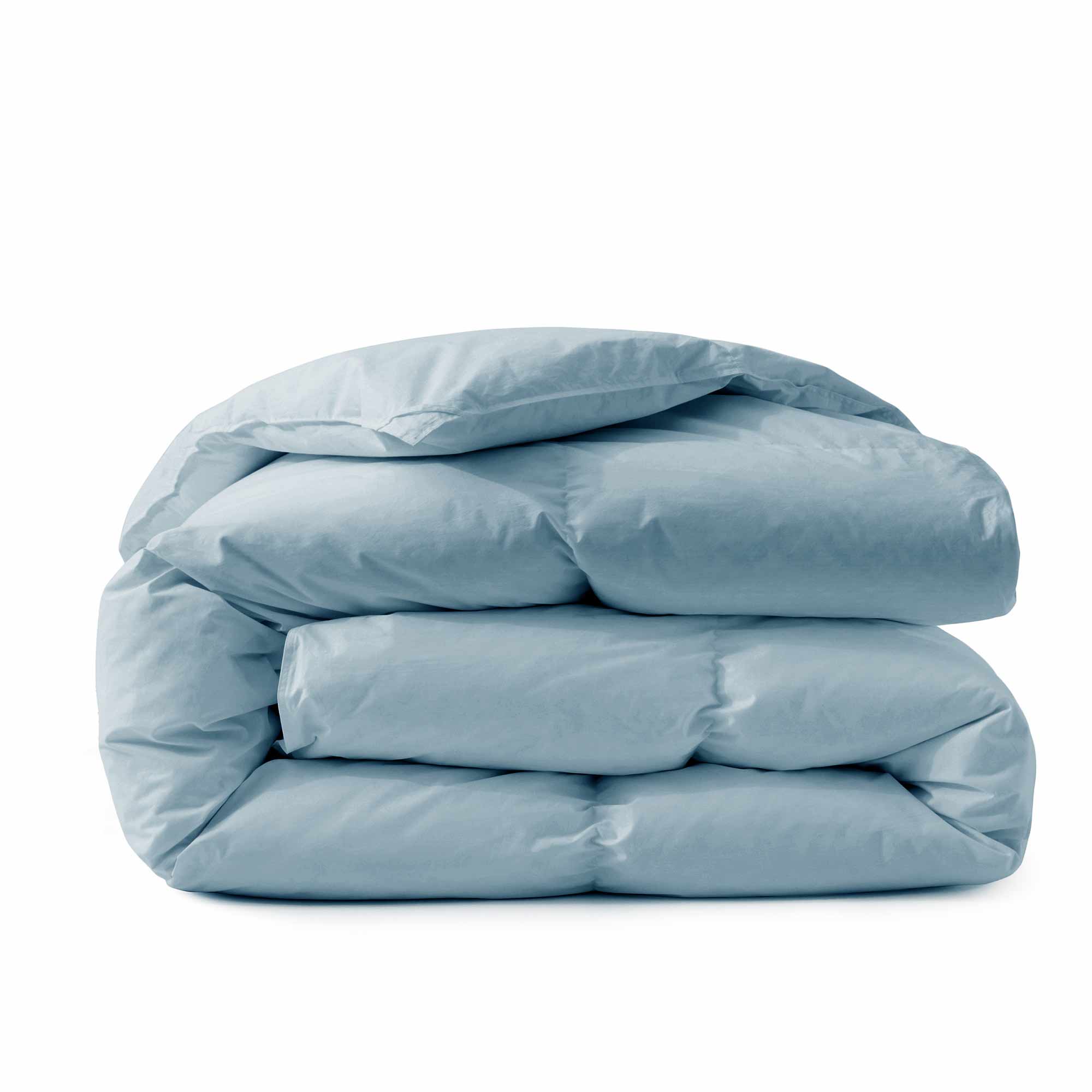 A Premium Goose Feather Comforter in light blue, neatly folded against a plain white background.