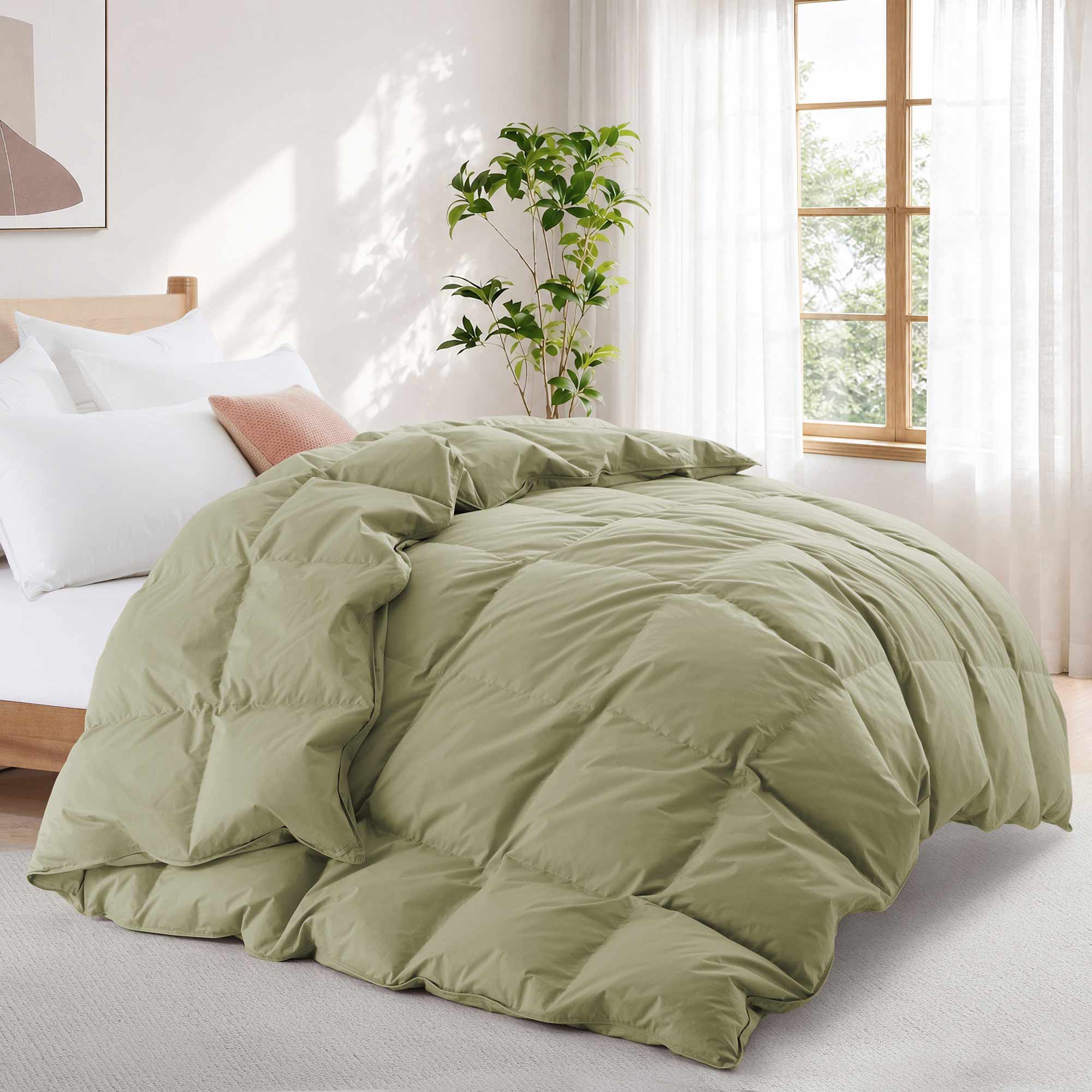 A neatly made bed featuring the Premium Goose Feather Comforter in light green, set in a bright, airy bedroom with a window and a plant.