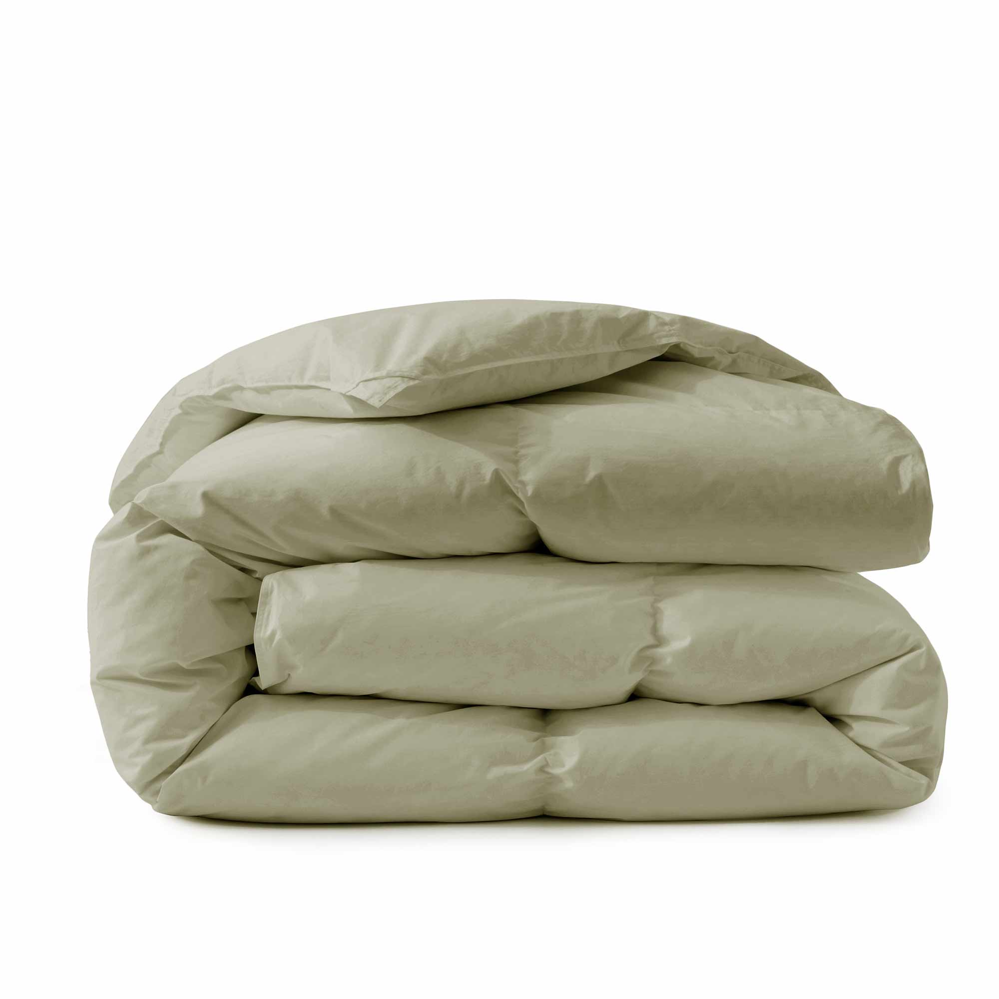 A neatly folded Premium Goose Feather Comforter in light beige, stacked on a white background.