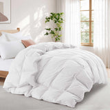 A Premium Goose Feather Comforter adds a cozy, fluffy touch to a bed in a bright, sunlit bedroom with a plant and window.