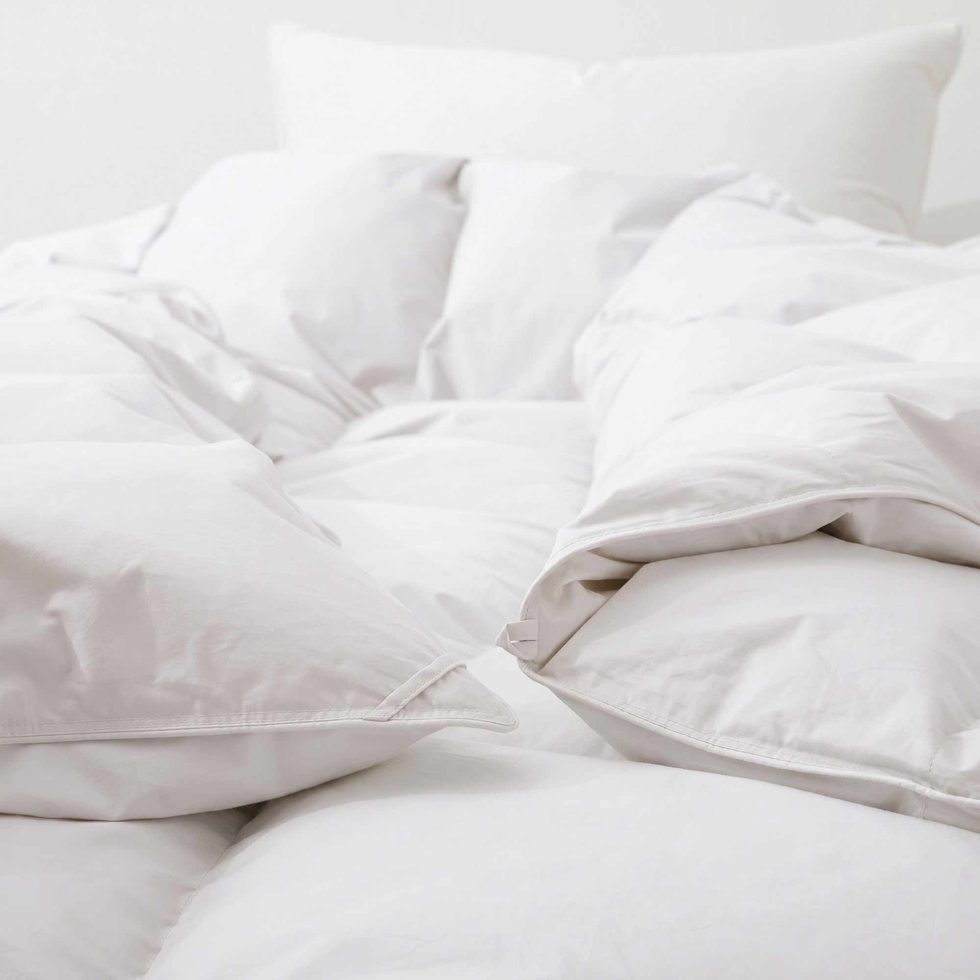 A Premium Goose Feather Comforter and pillow on a bed with soft natural lighting, creating a cozy atmosphere.
