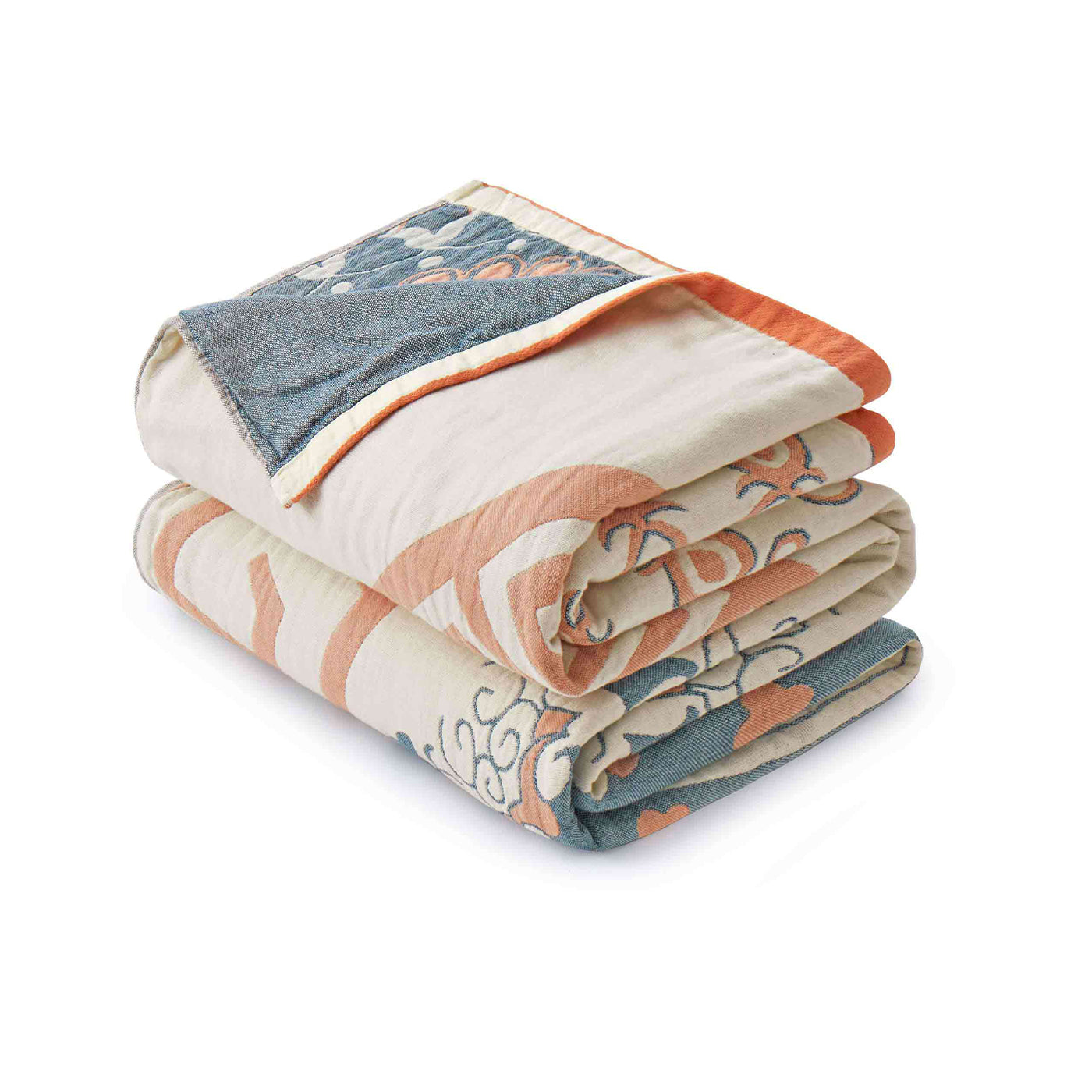 Cream-colored velvet throw blanket with intricate orange and navy medallion and vine patterns, finished with a navy blue border.