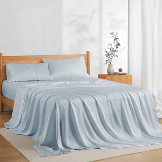 The bedding material is brushed in the medium-dark tones of azure with undertones of grey. Exude calmness and sophistication with this luxurious sheet set in Slate Blue.