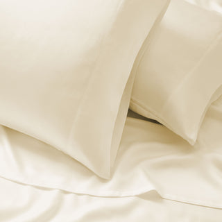 The entire collection with a lustrous finish is covered in pearly hues of ivory. Add a touch of subtle panache to your bedroom with this sheet set which is cooling for hot sleepers.