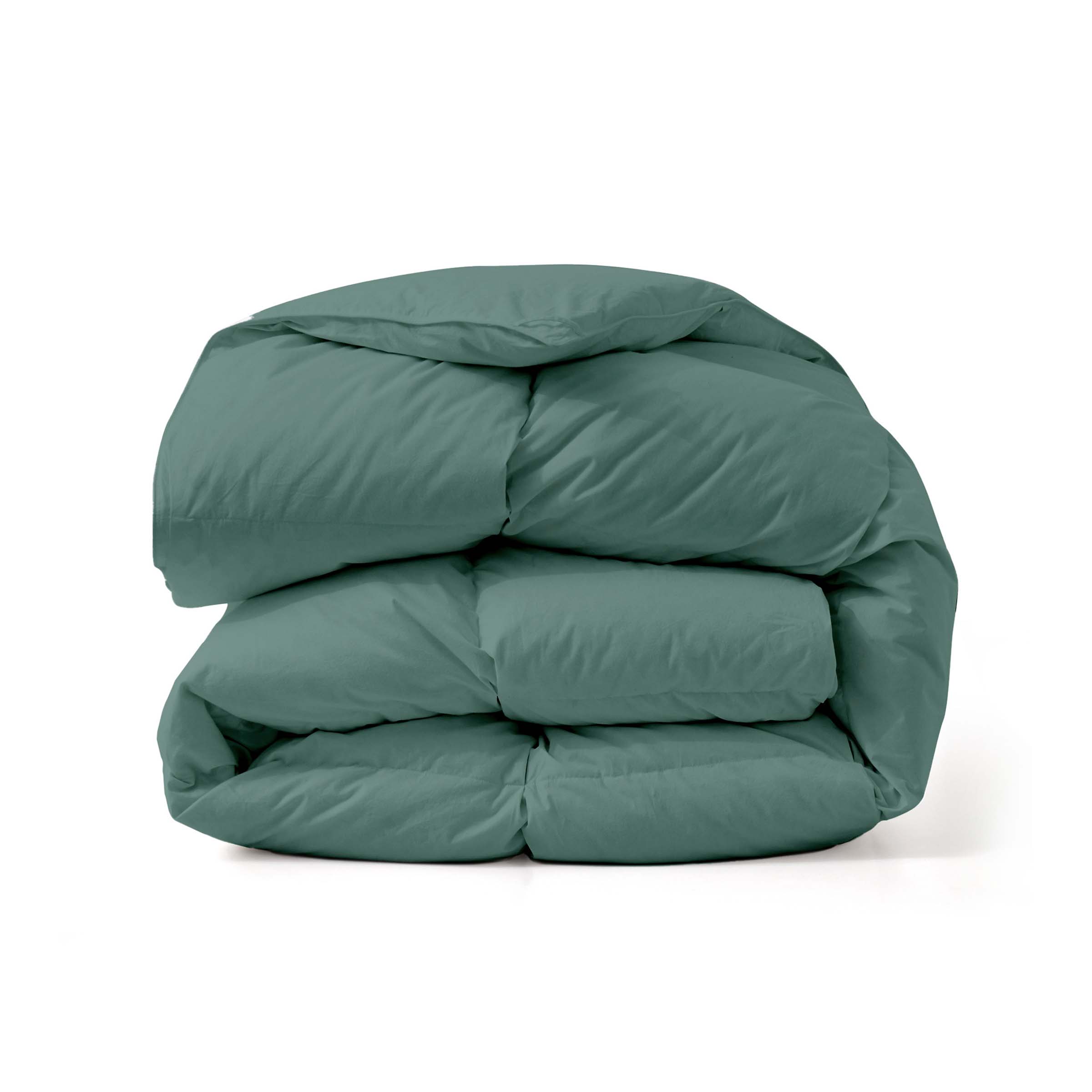 The down feather comforter is brushed in medium tones of forest green. Add a natural element to your bedroom style with this green color medium weight comforter.