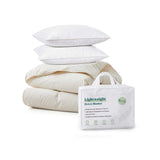 Upgrade your sleep experience with our ultimate bedding bundle featuring an All-Season Organic Cotton Comforter, a Puredown Down Blanket, and a 2 Pack Premium Down Around Pillow.