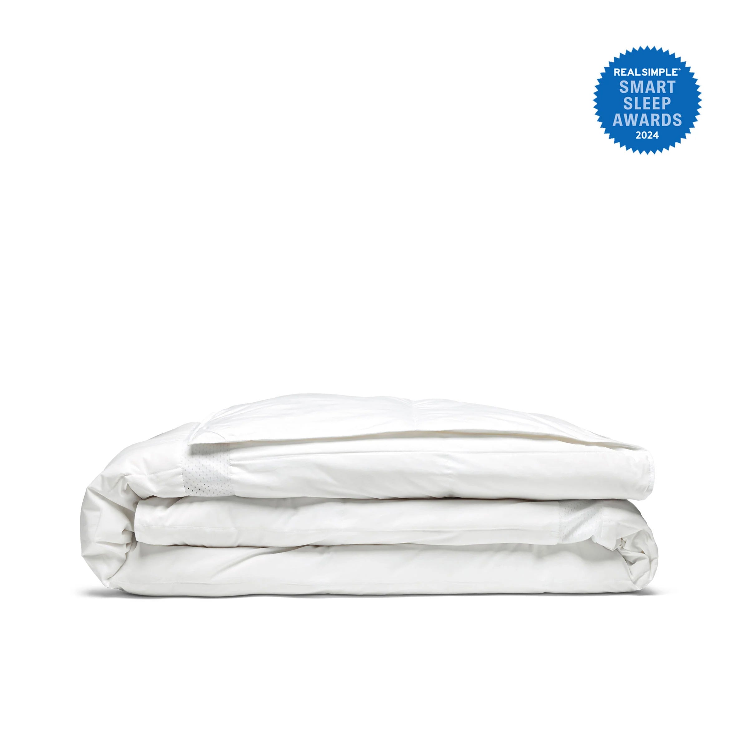 Ultra Lightweight Cooling Down Comforter, folded in white, with a blue Smart Sleep Awards 2024 badge in the upper right corner.