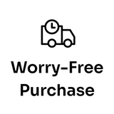 Icon of a delivery truck with a clock above the text "Worry-Free Purchase," showcasing added peace of mind with Seel purchase protection.