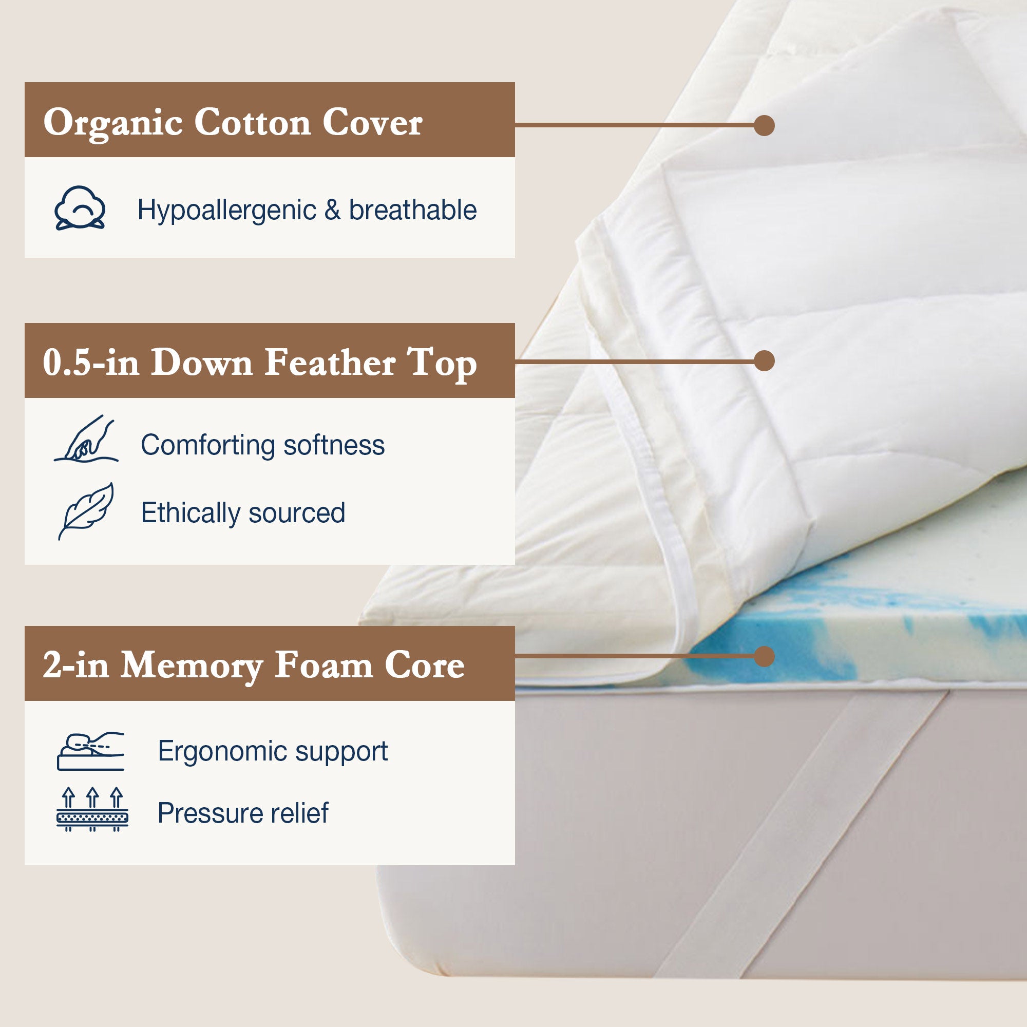 The organic cotton mattress encasement is covered in the serene tones of off-white. Turn your bedroom into a comfortable sleep environment with this washing machine friendly wash cover in off white.