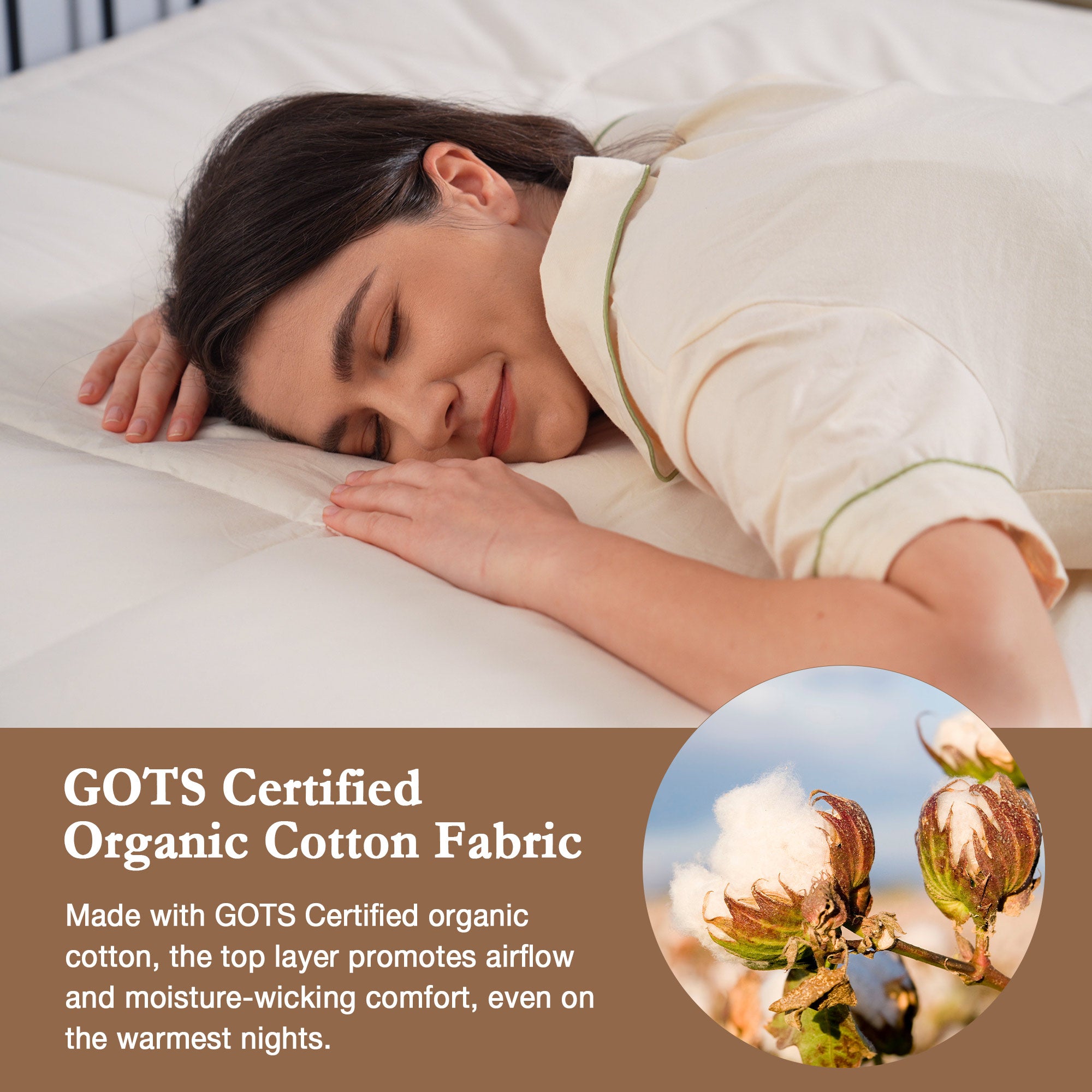 The organic cotton mattress encasement is covered in the serene tones of off-white. Turn your bedroom into a comfortable sleep environment with this washing machine friendly wash cover in off white.