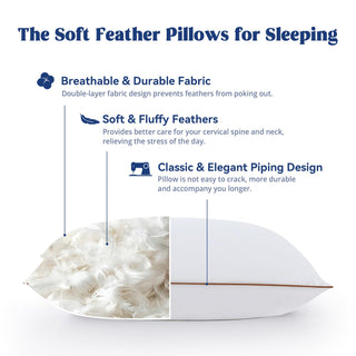 puredown® Goose Feather Down Pillows Set of 2, Soft Fluffy Luxury Hotel Collection Pillow, 100% Cotton Cover, Medium Firm Bed Pillow for Back, Stomach or Side Sleeper.