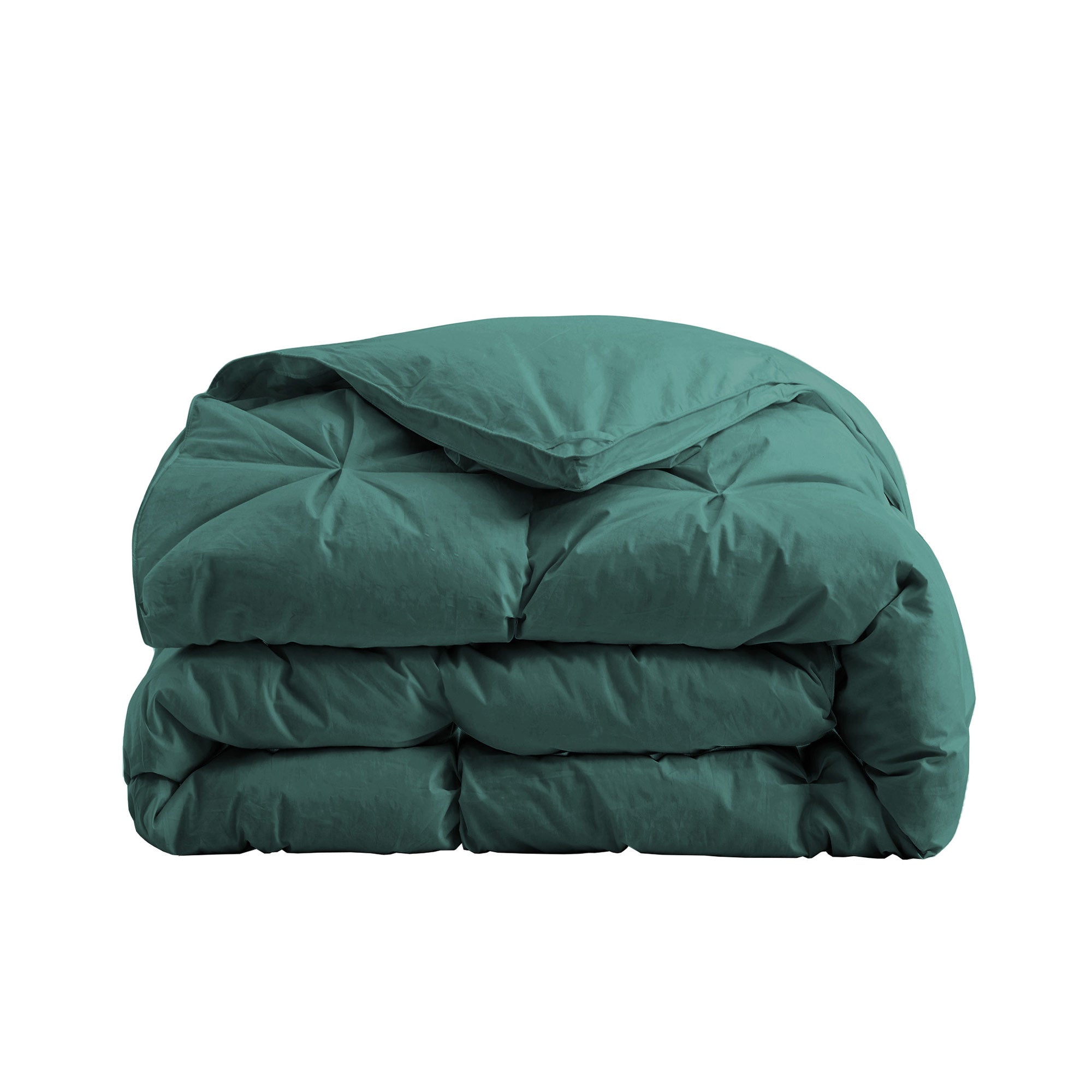 The down feather comforter is brushed in medium tones of forest green. Add a natural element to your bedroom style with this green color medium weight comforter.