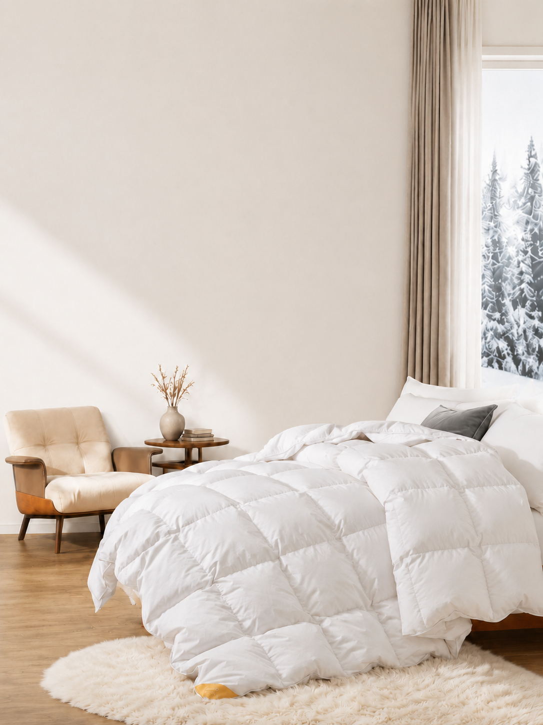 Cozy bedroom with white comforter, beige chair, and window showing snowy trees outside.